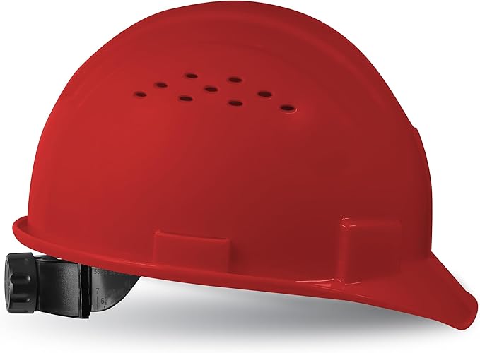 GE Safety Helmet Vented, Hard Hat Style, One Size with Earmuff Slots, Includes 4-Point Ratchet System, Meets ANSI ISEAZ89.1-2014 Standards, RED, Model # GH326R