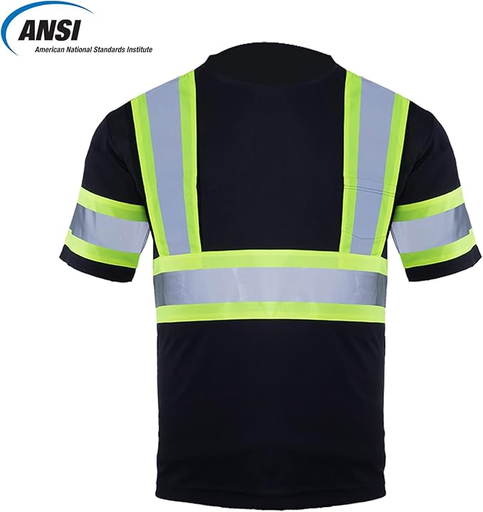 VENDACE Men's High Vis Class 2 Safety T Shirt ANSI Reflective Work Short Sleeve Shirt with Black Bottom(Black,2XL)