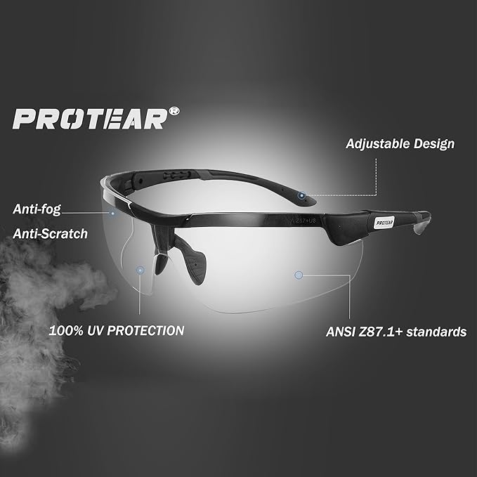 Anti Fog&Anti Scratch Safety Glasses for Men Women,Clear Lens,Adjustable Work Safety Goggles,Anti-UV Eyewear,Eye Protection for Shooting,Mowing,Sports,Hunting,Working(Black Clear)