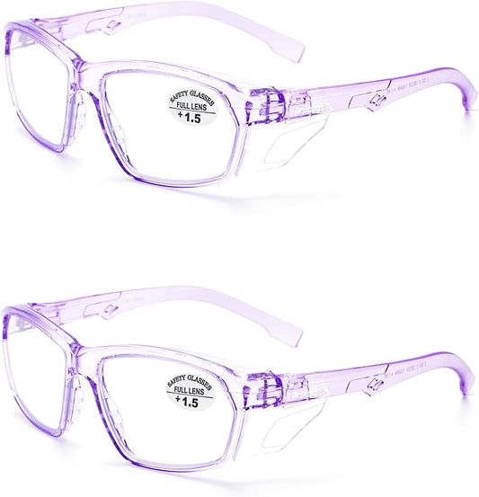 ProtectX Stylish Anti-Fog & Scratch-Resistant Safety Glasses With Readers, UV Protection Goggles, Anti-Impact Lightweight Glasses for Men＆Women Lilac Reading 1.5-2 Pack