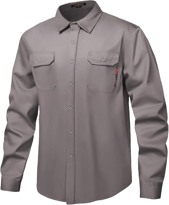 FR Shirt 7oz Fire Resistant Shirts Men's,CAT2 Welding Shirt 100% Cotton Flame Resistant Shirts Gray (XLarge)