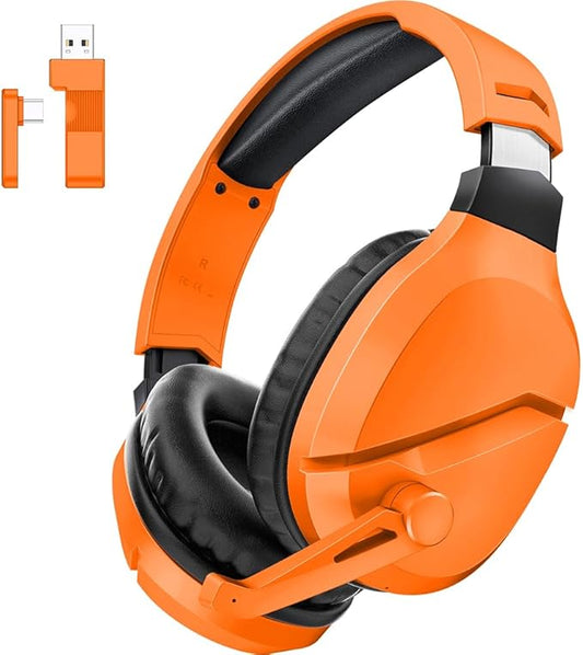 Wireless Gaming Headset with Noise Canceling Microphone for PS5, PC, PS4, 2.4G/Bluetooth Gaming Headphones with USB and Type-c Connector, Wired Mode for Controller - Orange