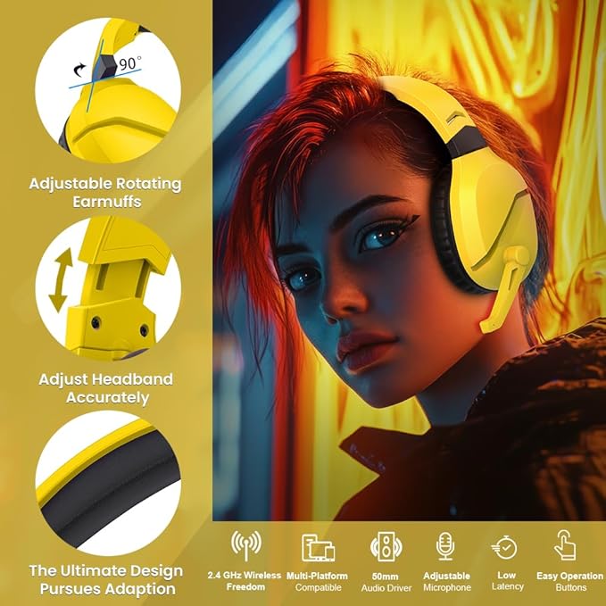 Wireless Gaming Headset with Noise Canceling Microphone for PS5, PC, PS4, 2.4G/Bluetooth Gaming Headphones with USB and Type-c Connector, Wired Mode for Controller - Yellow