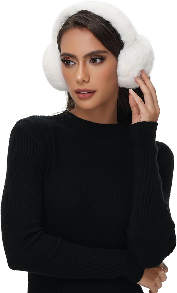 Winter Ear Muffs for Women Girls Faux Fur Cute White Earmuffs Fluffy Ear Warmers Foldable Ear Covers Outdoor