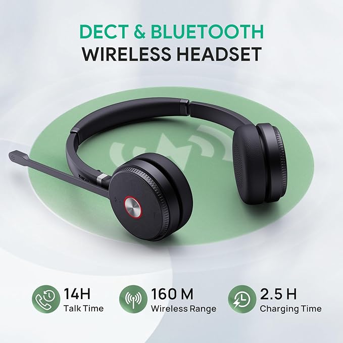 Yealink WH66 Wireless Headset with 4" Screen, DECT Headset for Teams,Zoom Skype Certified,Bluetooth Headsets with 525ft Range,Full-duplex Speaker,14h Call Time,Office Work Headphones for Desk Phone,PC