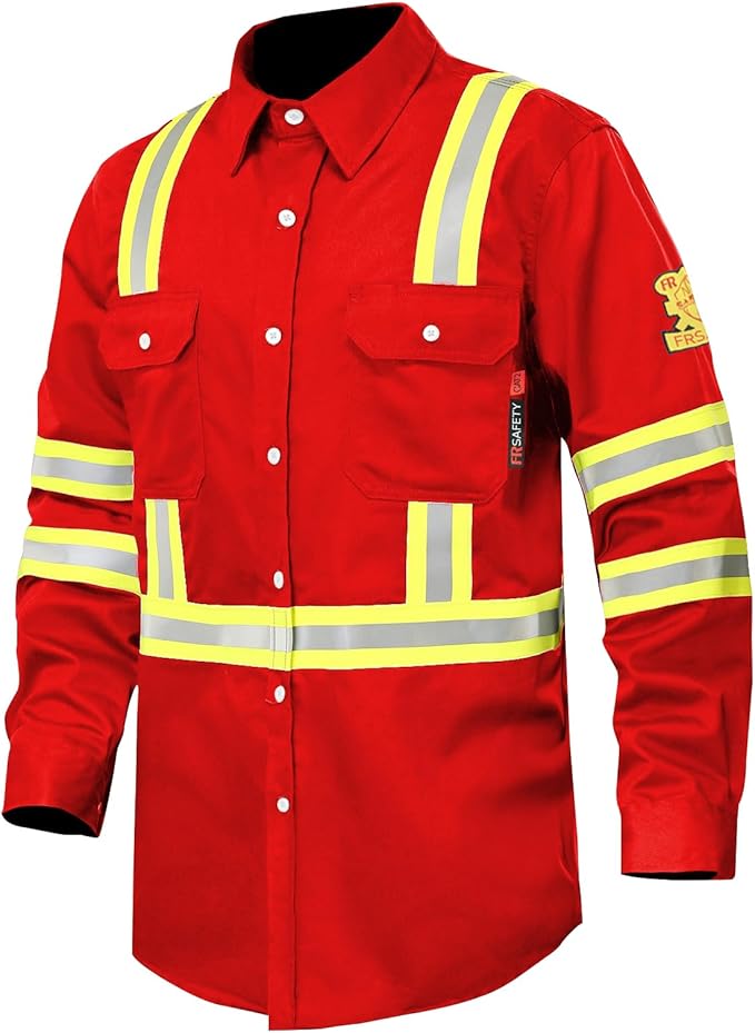 FR Shirts for Men 7oz High Visibility Fire Resistant Shirts NFPA CAT2 Welding Shirt 100% Cotton Hi Vis Flame Resistant Shirt Red(X-Large)