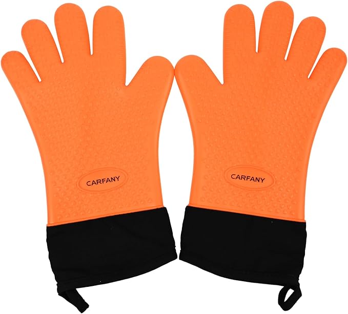 Heat Resistant Grilling Gloves for BBQ Silicone and Cotton Double-Layer Oven Mitts Waterproof Non-Slip Cooking Gloves (Orange)