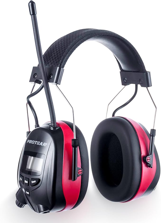 AM/FM Bluetooth Radio Headphones 25dB NRR,Noise Reduction Safety Earmuffs,Digital Display Headset,Built-in Mic,Rechargetable Ear Hearing Protection for Walkman Mowing,Lawn,Work(Red)