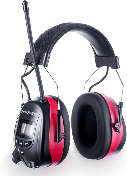 AM/FM Bluetooth Radio Headphones 25dB NRR,Noise Reduction Safety Earmuffs,Digital Display Headset,Built-in Mic,Rechargetable Ear Hearing Protection for Walkman Mowing,Lawn,Work(Red)