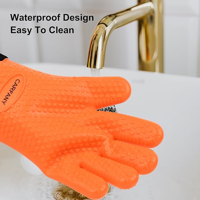 Heat Resistant Grilling Gloves for BBQ Silicone and Cotton Double-Layer Oven Mitts Waterproof Non-Slip Cooking Gloves (Orange)
