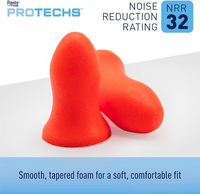 Flents Protechs Foam Ear Plugs, Contoured for Comfort, Ideal for Work with Loud Noise, Heavy Machinery, Construction, Studying & Traveling, NRR 32, Orange, Easy to Use, Made in The USA, 100 Pair