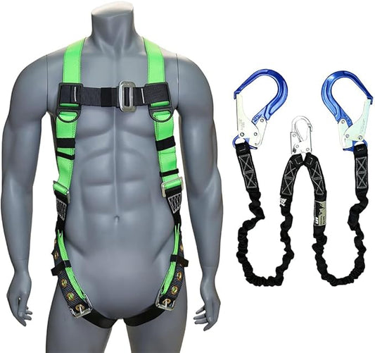 AFP Universal Full-Body Safety Harness w/Dorsal D-Ring Tongue Buckle Legs High-Viz Green, Shock Absorbing Lanyard (OSHA/ANSI)
