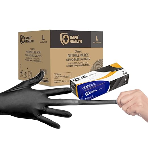 SAFE HEALTH Nitrile Black Industrial Disposable Gloves-Large 3.5 Mil Case of 1000 Powder Free-Latex Free Tattoo-Beauty Salon-Hair Nail Studio-Auto Repair-Car Maintenance-Household-Daily