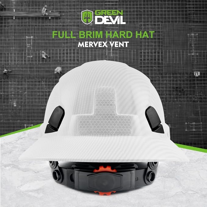 GREEN DEVIL Full Brim Hard Hat Vented Construction Safety Helmet OSHA Approved Cascos De Construccion ABS Work Hardhat for Men&Women 6 Point Adjustable Ratchet Suspension Custom Pattern Design