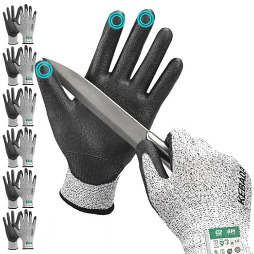 Kebada Cut Resistant Gloves, ANSI A2 Cutting Glove, PU Coated, Touchscreen, Multi-Purpose Model C2, 6 Pairs, Large
