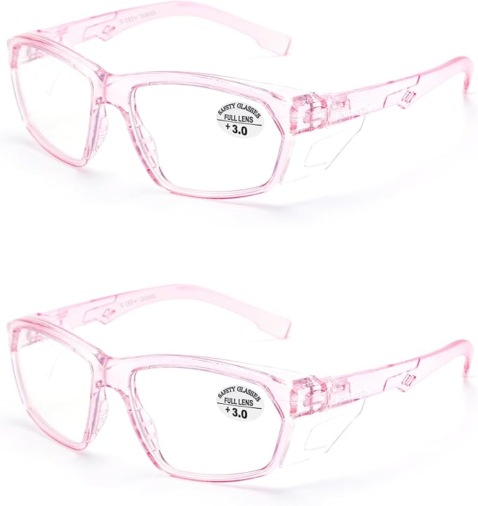 ProtectX Stylish Anti-Fog & Scratch-Resistant Safety Glasses With Readers, UV Protection Goggles, Anti-Impact Lightweight Glasses for Men＆Women Pink Reading 3.0-2 Pack