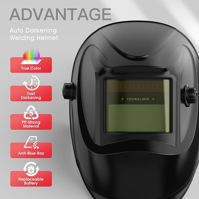 YESWELDER Auto Darkening Welding Helmet, Blue Light Blocking, 1/1/1/1 True Color Solar Powered Welding Hood with 2 Arc Sensors, Wide Shade 3.5/9-13 Welder Mask for TIG MIG ARC and Grind