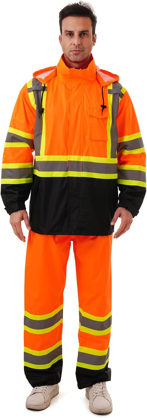 Hi Vis Safety rain Jacket，Reflective Class 3 Rain coat with Inner Mesh Lining and Pockets High Visibility Waterproof work Rain Suits for men&women（Orange,LG/XL）
