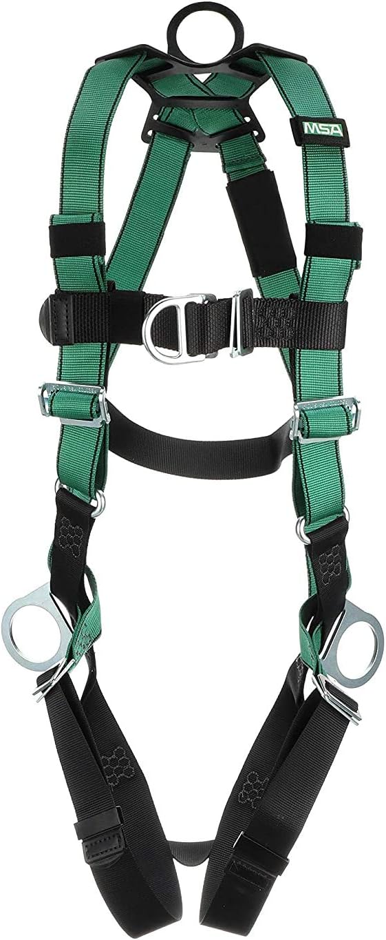 MSA 10197436 V-Form Full Body Safety Harness - Size: Standard (Medium), D-Ring Configuration: Back/Chest/Hip, Qwik Fit Leg Straps, Color: Green, Full Body Harness, Durable