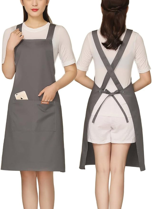 NEWGEM Adjustable Kitchen Apron with 2 Pockets Cotton for Women,Chef,Waitress,Hairstylist Fits for Grill,bbq,Paint Cross Back Grey