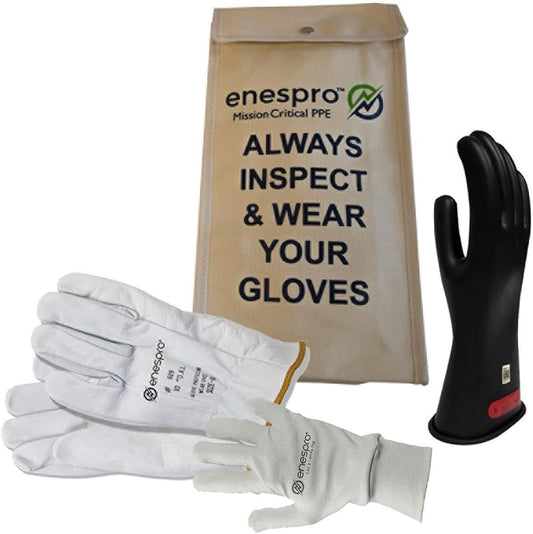 Class 0 Yellow Rubber Voltage Insulating Glove Premium Kit with FR Knit Glove and Leather Protectors