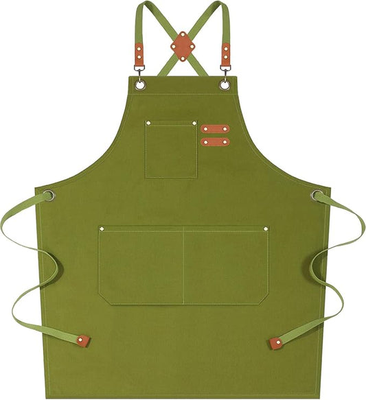 AFUN Chef Aprons for Women Men with Large Pockets, Cotton Canvas Cross Back Water Repellent Work Apron, Size M to XXL (Armygreen)