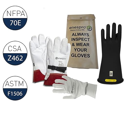 Class 2 Black Rubber Voltage Insulating Glove Premium Kit with FR Knit Glove and Leather Protectors, Max. Use Voltage 17,000V AC/ 25,500V DC, KITGC2B09AG