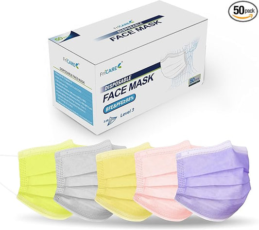 FriCARE Disposable Face Masks, 3-Ply ASTM Level 3 Medical Grade, Breathable & Comfortable for Adult Daily Work/Sun Protection, 50 Pack Neon Pixel