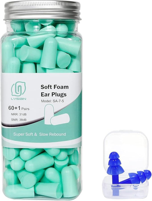 LYSIAN Ultra Soft Foam Earplugs for Sleep - 38dB Sleeping Ear Plugs Noise Cancelling, Reduction, Soud Proof, Work, Travel and Shooting Range -60 Pairs Value Pack(Water Blue)