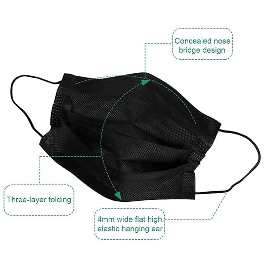 NNPCBT Black Disposable Face Masks 50PCS 3 Ply