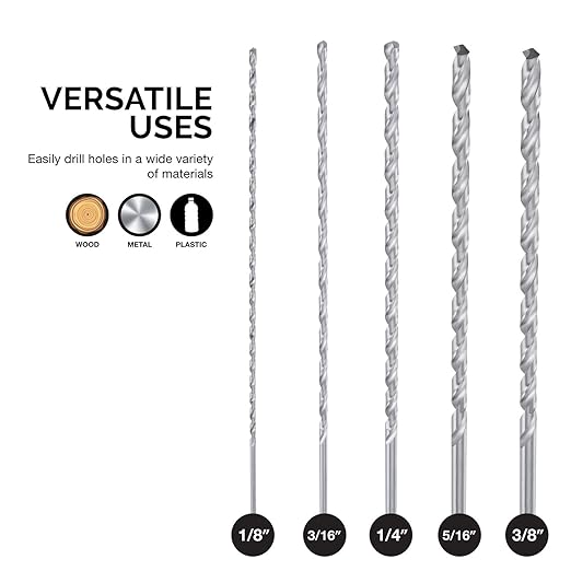 NEIKO 10047A Extra Long Drill Bit Set | 5-Piece | M2 HSS Steel | 12-Inch Length | 1/8, 3/16, 1/4, 5/16, and 3/8-Inch