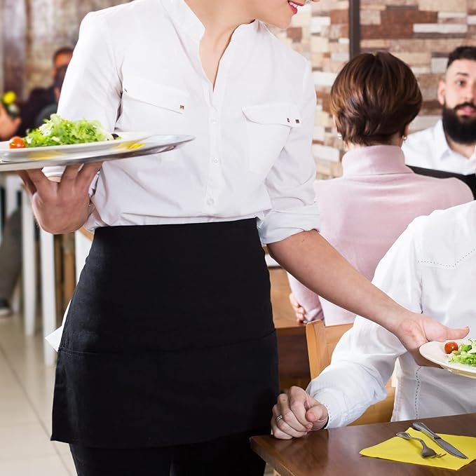 Long Server Apron with 2 Pockets, Extra Long Tie, Lightweight Half Aprons for Men Women Waiter Waitress Chef