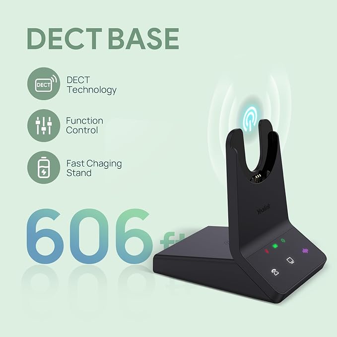 Yealink WH64 DECT & Bluetooth Mono UC Wireless Headset, 606ft Long Range Work Headphones, 3X Noise Cancelling Mic, 26H Calls,Ringtone, Office Single On Ear Headsets (Desk Phone,Laptop,PC,Cellphone)