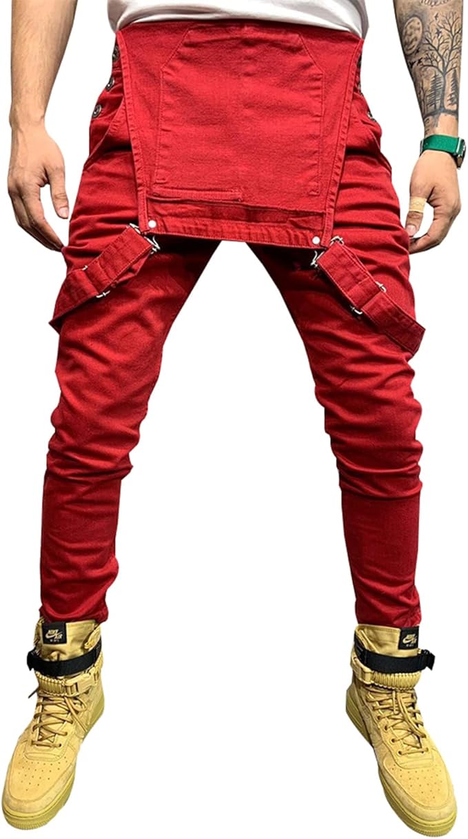 LONGBIDA Men's Denim Bib Overalls Fashion Slim Fit Jumpsuit with Pockets