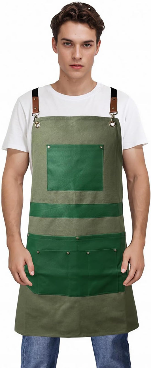 Barber Hair Stylists Working Apron Waterproof Canvas Chef Kitchen Apron with 6 Pockets
