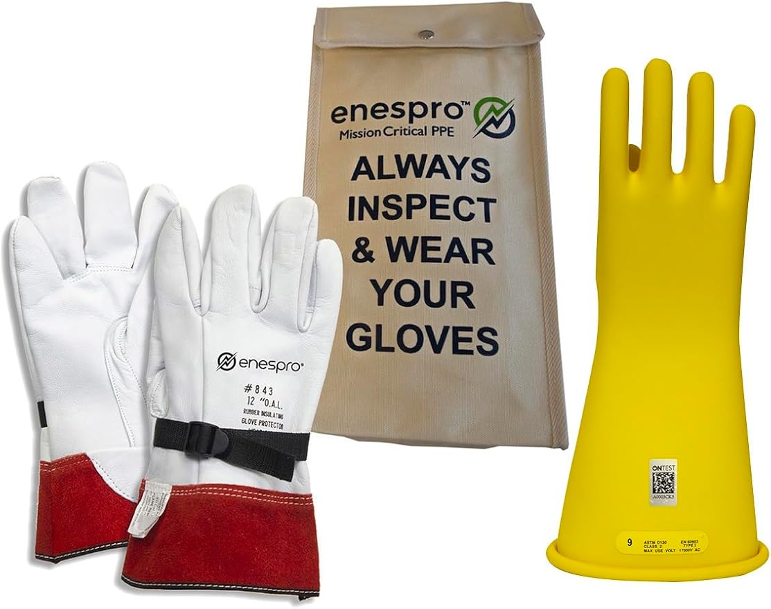 Enespro Class 2 Yellow Rubber Voltage Insulating Glove Kit with Leather Protectors, Max. Use Voltage 17,000V AC/ 25,500V DC (KITGC2Y12)