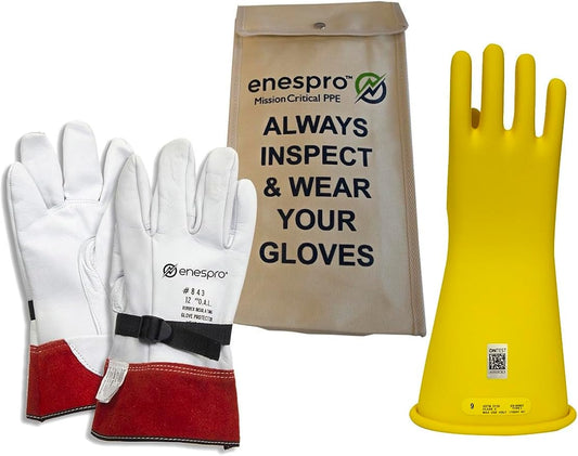 Enespro Class 2 Yellow Rubber Voltage Insulating Glove Kit with Leather Protectors, Max. Use Voltage 17,000V AC/ 25,500V DC (KITGC2Y11)