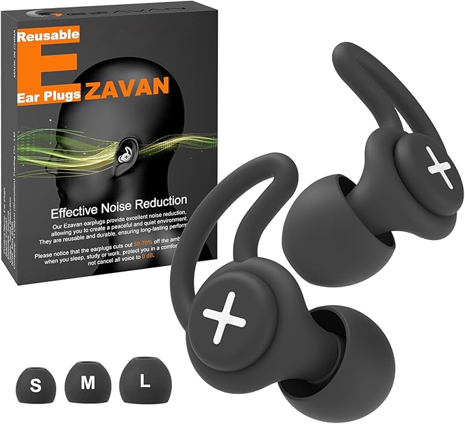 Ear Plugs for Sleeping Noise Reduction, Side Sleep Compatible Comfort Fit Soft Silicone Reusable Earplugs for Concerts Noise Reduction Hearing Protection, with 6 Ear Tips in S/M/L (Black, L)