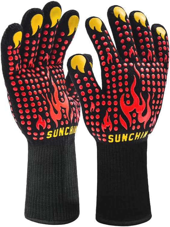 BBQ Fireproof Gloves, Grill Cut-Resistant 1472°F Heat Resistant Gloves, Non-Slip Silicone Oven Gloves, Kitchen Safe Cooking Gloves for Oven Mitts,Barbecue,Cooking, Frying,13 Inch 2pc