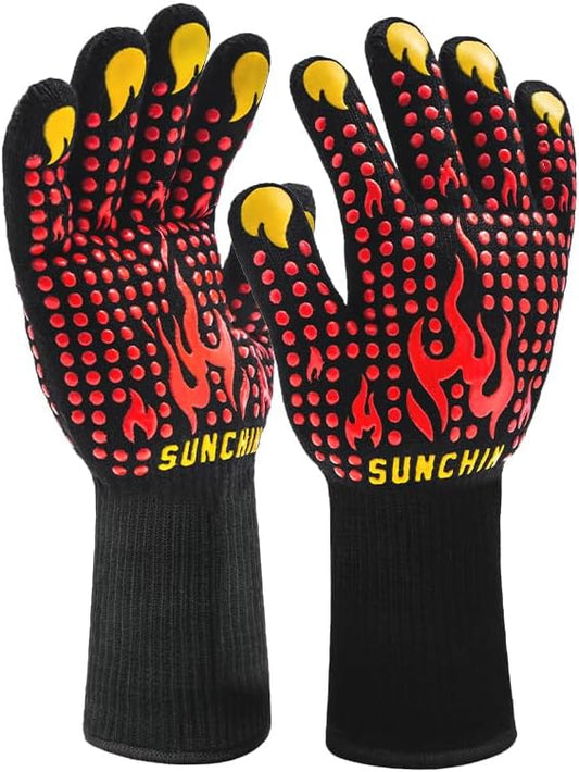 BBQ Fireproof Gloves, Grill Cut-Resistant 1472°F Heat Resistant Gloves, Non-Slip Silicone Oven Gloves, Kitchen Safe Cooking Gloves for Oven Mitts,Barbecue,Cooking, Frying,13 Inch 2pc
