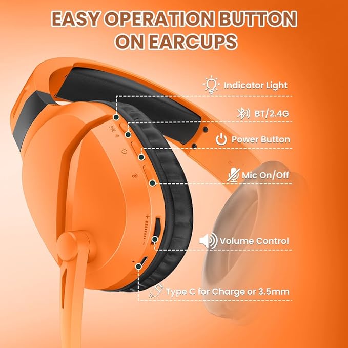 Wireless Gaming Headset with Noise Canceling Microphone for PS5, PC, PS4, 2.4G/Bluetooth Gaming Headphones with USB and Type-c Connector, Wired Mode for Controller - Orange