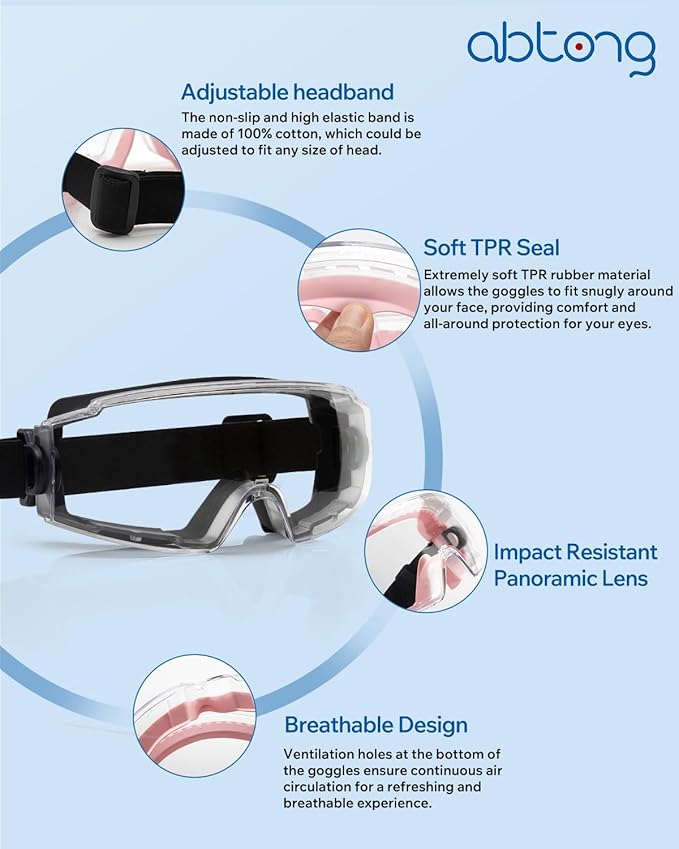 Safety Goggles Over Glasses - Anti-Fog Lens Wide Vision Eyewear for Chemistry Lab Work & Industrial Use - ANSI Z87.1 Certified Eye Protection, Impact Resistance, Adjustable Strip - Men & Women