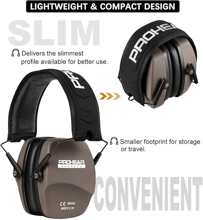 PROHEAR 016 Ear Protection Safety Earmuffs for Shooting, NRR 26dB Noise Reduction Slim Passive Hearing Protector with Low-Profile Earcups, Compact Foldable Ear Defenders for Gun Range, Hunting (Brown)