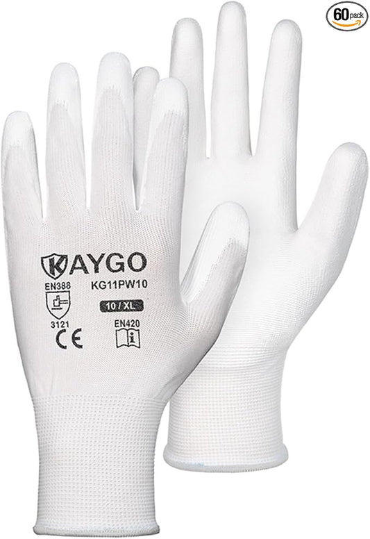 KAYGO Safety Work Gloves PU Coated-60 Pairs,KG11P Seamless Knit Glove with Polyurethane Coated Smooth Grip on Palm&Fingers, for Men and Women, Ideal for General Duty Work (X-Large, White)