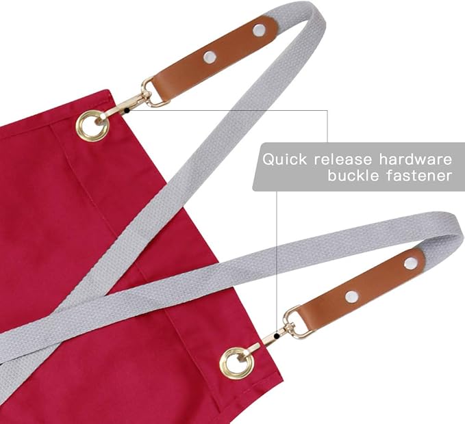 Chef Apron,Cross Back Apron for Men Women with Adjustable Straps and Large Pockets,Canvas,M-XXL (Red)