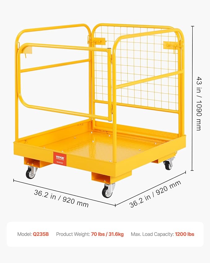 VEVOR Forklift Safety Cage, 36 x 36 Inches Foldable Forklift Work Platform of 1200 lbs Load Capacity with Lockable Swivel Wheels, Drain Hole & Device Chain, Holds 1 to 2 Adults, Ideal for Aerial Work