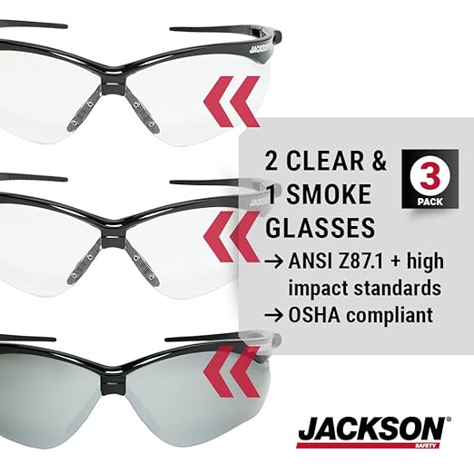 Jackson Safety SG Safety Glasses - Eye Protection for Men & Women - Anti-Scratch Lens with Black Frame - ANSI Z87.1 - Pack of 3 (Multiple Styles)