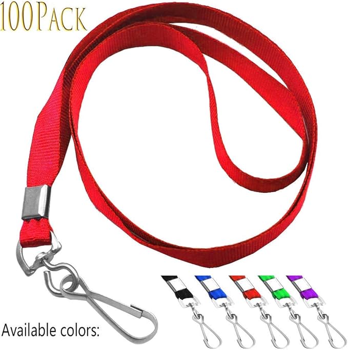 Red Lanyards 100 Pcs Lanyard for Id Badges Flat Lanyard with Badge Clip with J-Hook
