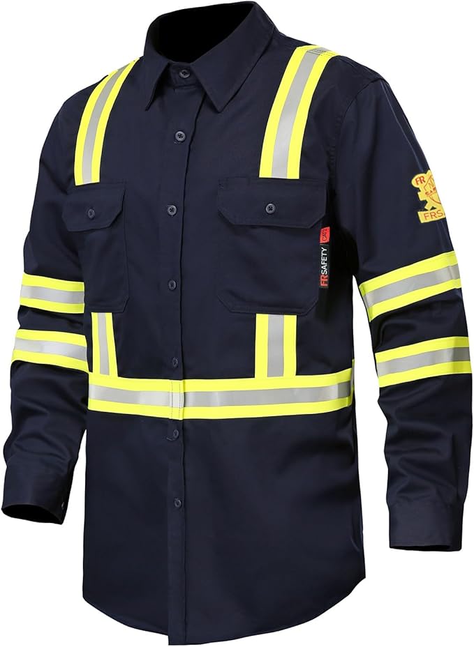 FR Shirts for Men 7oz High Visibility Fire Resistant Shirts NFPA CAT2 Welding Shirt 100% Cotton Hi Vis Flame Resistant Shirt Navy(4X-Large)