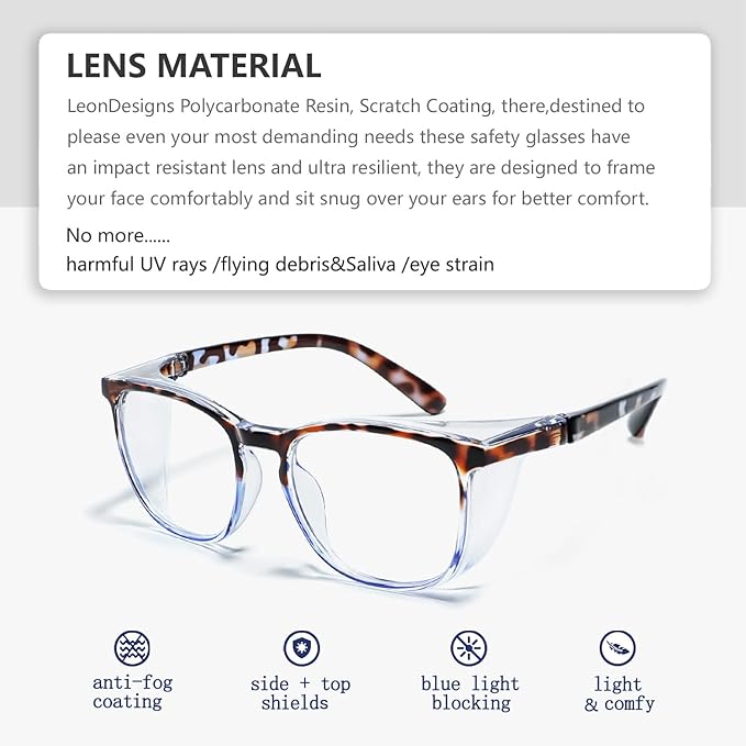 Safety Glasses Anti-Fog Goggles Z87.1 Blue Light Blocking Anti-Dust UV Protection Glasses For Men Women (Blue Quartz)